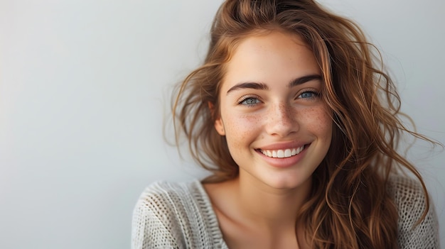 Radiant Young Woman Basking in Happiness Studio Portrait with Grey Background