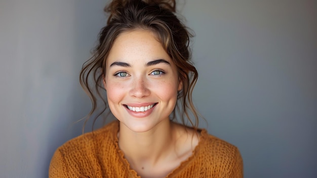 Radiant Young Woman Basking in Happiness Studio Portrait with Grey Background