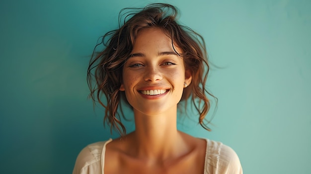 Radiant Young Woman Basking in Happiness Studio Portrait with Grey Background