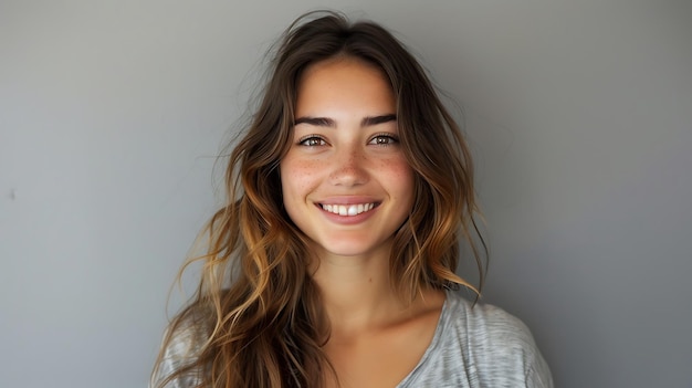 Radiant Young Woman Basking in Happiness Studio Portrait with Grey Background