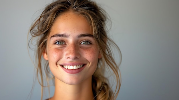 Radiant Young Woman Basking in Happiness Studio Portrait with Grey Background