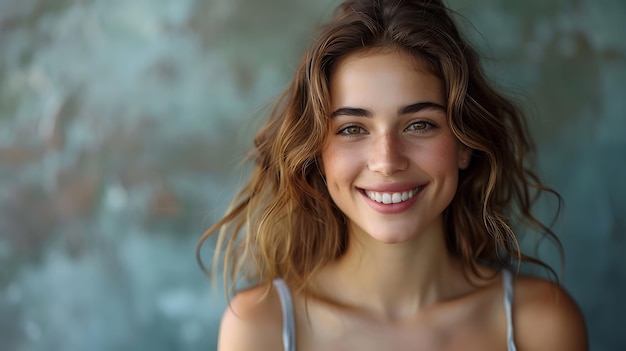 Radiant Young Woman Basking in Happiness Studio Portrait with Grey Background