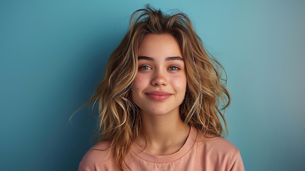 Radiant Young Woman Basking in Happiness Studio Portrait with Grey Background