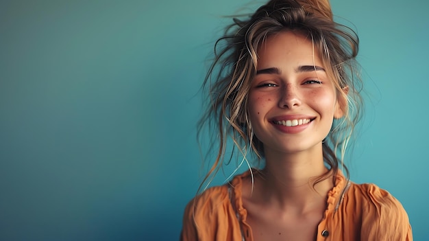 Radiant Young Woman Basking in Happiness Studio Portrait with Grey Background