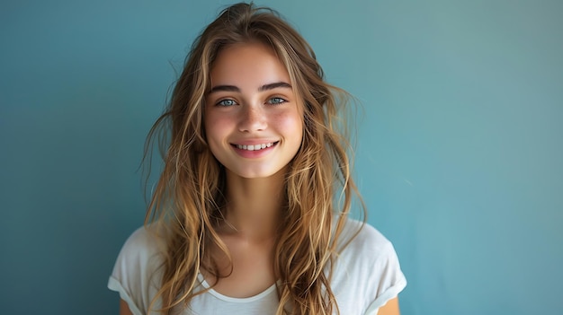 Radiant Young Woman Basking in Happiness Studio Portrait with Grey Background