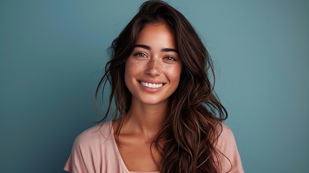 Radiant Young Woman Basking in Happiness Studio Portrait with Grey Background