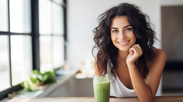 Radiant Young Woman Enjoying a Fresh Green Smoothie at a Trendy Cafe