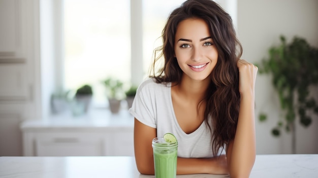 Radiant Young Woman Enjoying a Fresh Green Smoothie at a Trendy Cafe