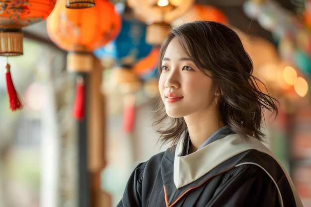 Radiant Young Woman in Graduation Gown Smiling Serenely Amidst Traditional Lanterns