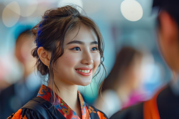 Radiant Young Woman Smiling in Colorful Garment with Blurred Lights in the Background