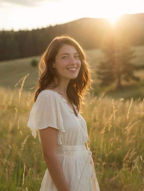 Radiant Young Woman in Sunlit Meadow Joyful Nature Portrait