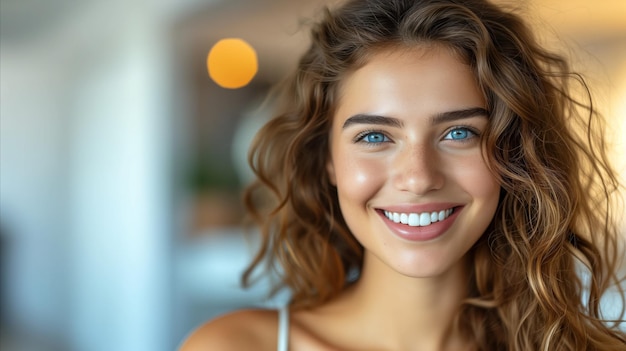 Radiant young woman with curly hair and a captivating smile