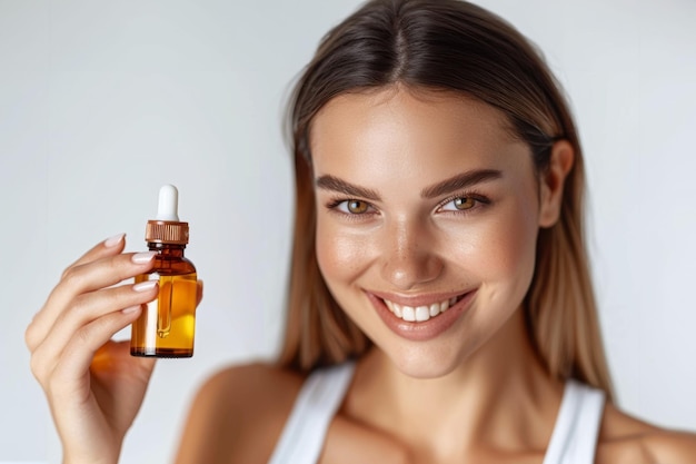 Radiant young woman with a gleaming smile presenting a skincare oil dropper bottle