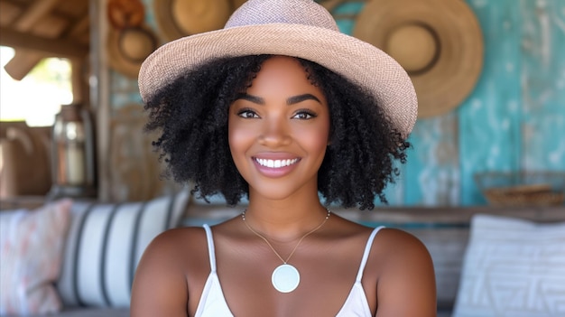 Radiant young woman with straw hat smiling in bohemian setting