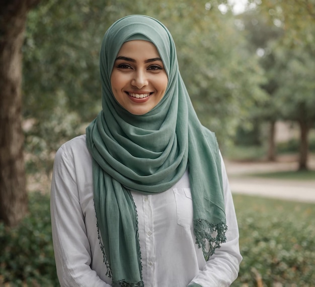 A radiant young woman with a warm smile wearing a soft green hijab that elegantly drapes around her