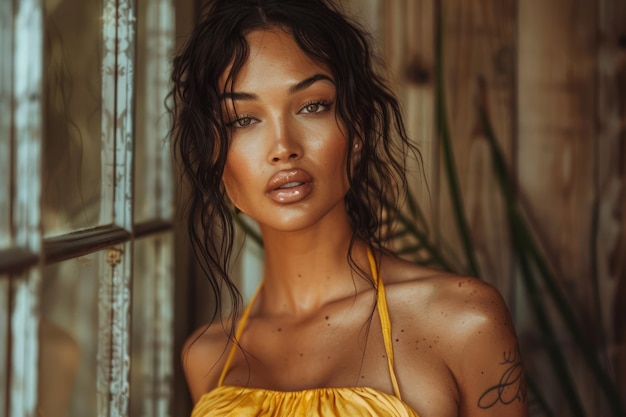 Radiant Young Woman in Yellow Dress Posing with Sunkissed Skin and Alluring Gaze