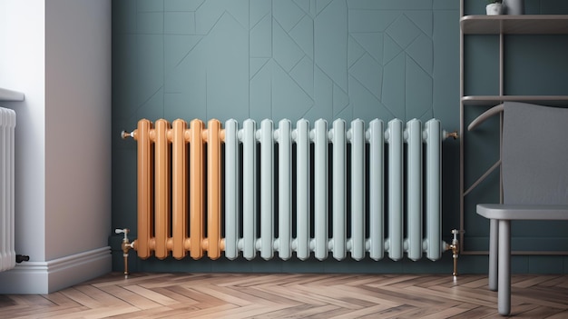 A radiator in a room with a blue wall.