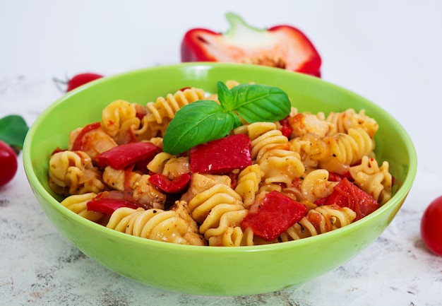 Radiatori pasta with chicken and peppers