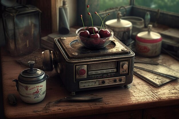 A radio with a bowl of cherries on it sits on a table.