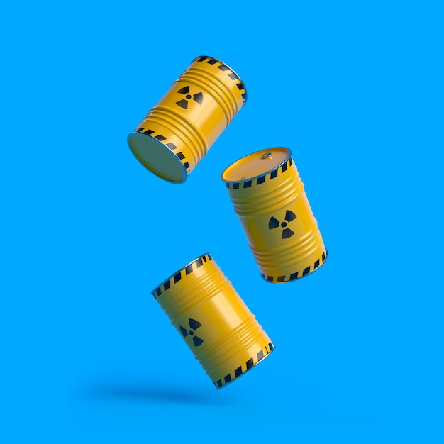 Radioactive waste yellow barrels with radioactive symbol fall on a blue background 3D render