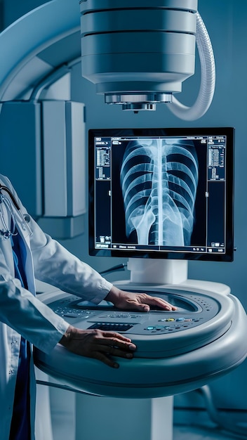 A radiologist is working on a computer with a xray on it