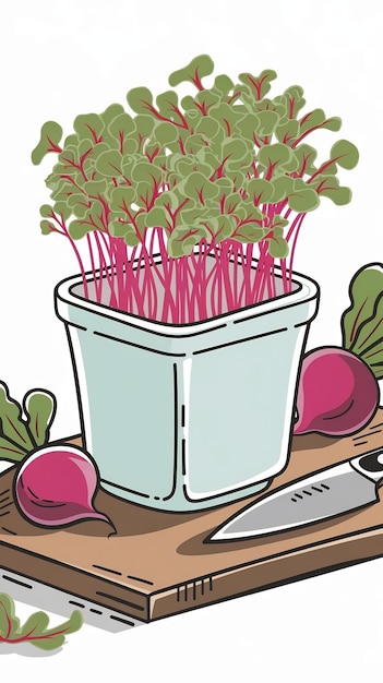 Radish Microgreens in a container Healthy Food Sprouts cartoon style