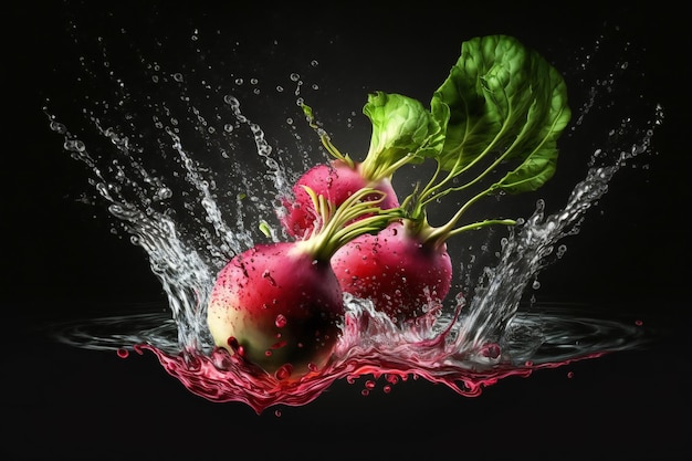 Radishes vegetables splash isolated on black background