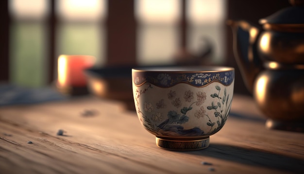 Raditional Chinese Tea Cup Setting with Decorative Elements