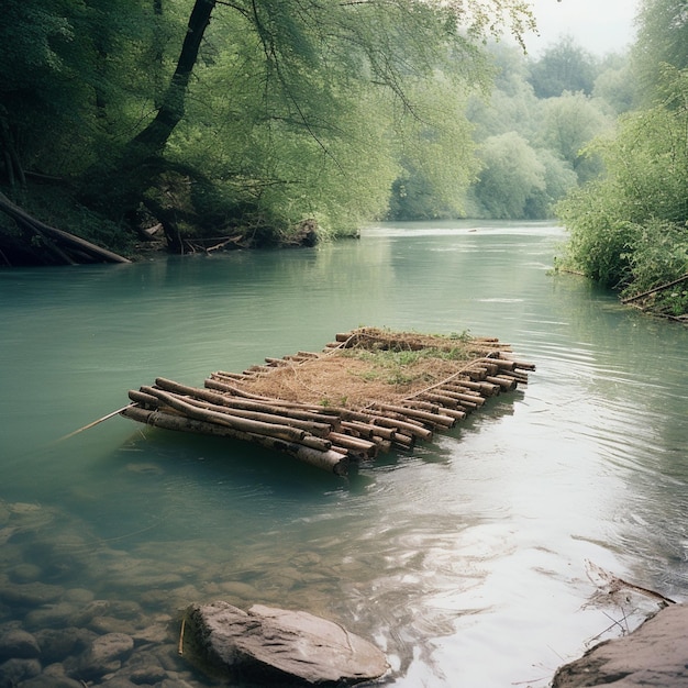 A raft floating in a river with trees on the side.