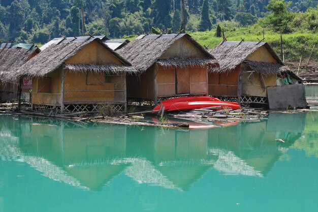 Raft house with water reflection