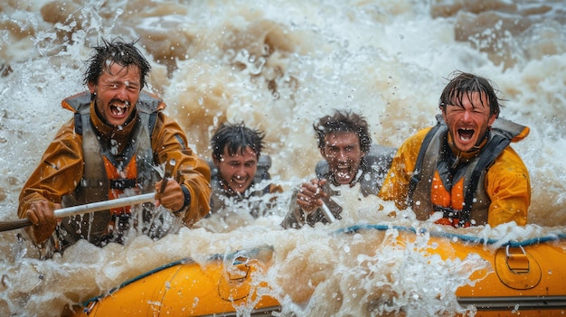 The rafters laughed with excitement as they were splashed by the cold water as their rafts hurtled through the river39s rapids