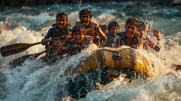 The rafters laughed with excitement as they were splashed by the cold water as their rafts hurtled through the river39s rapids