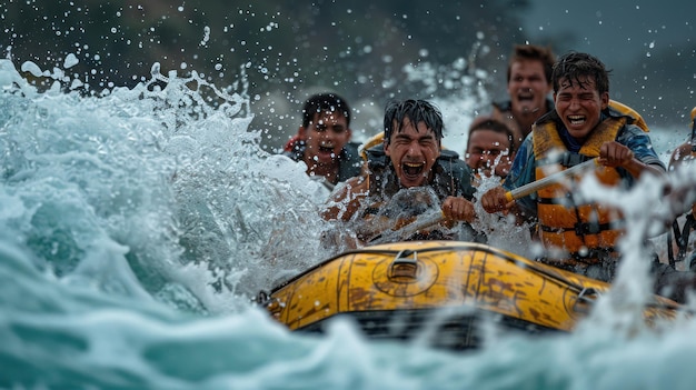 The rafters laughed with excitement as they were splashed by the cold water as their rafts hurtled through the river39s rapids