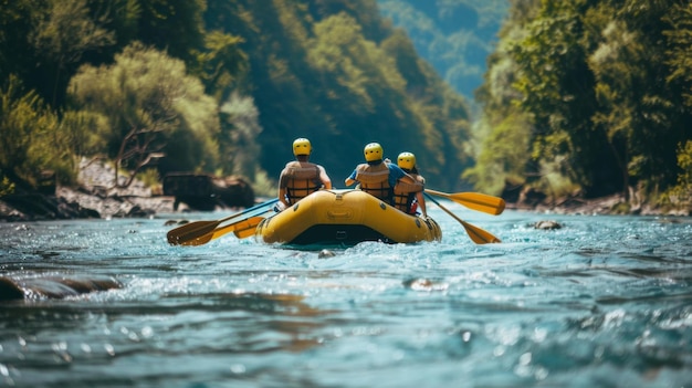 Rafting on boat on mountain river Mountains river rafting extreme attraction summertime