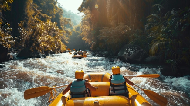 Rafting on boat on mountain river Mountains river rafting extreme attraction summertime