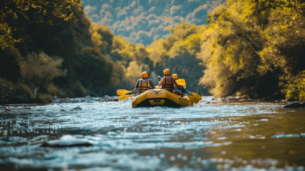 Rafting on boat on mountain river Mountains river rafting extreme attraction summertime