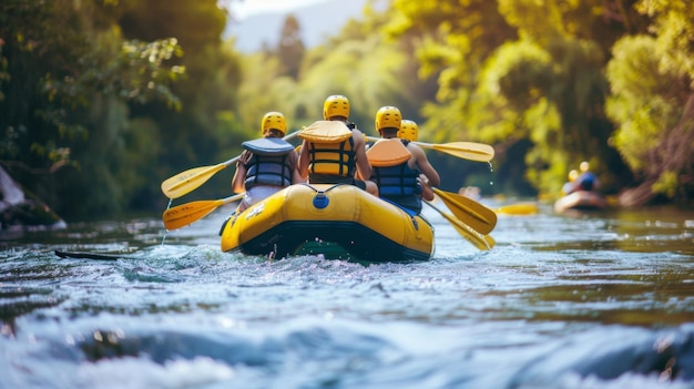 Rafting on boat on mountain river Mountains river rafting extreme attraction summertime