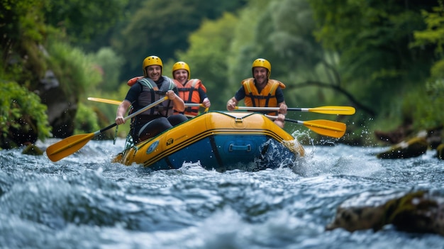 Rafting on boat on mountain river Mountains river rafting extreme attraction summertime