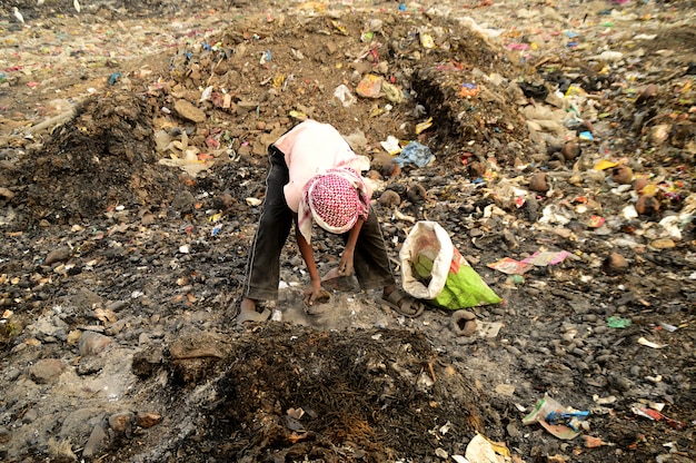 Rag pickers search for recyclable material in the garbage Land and air pollution in India