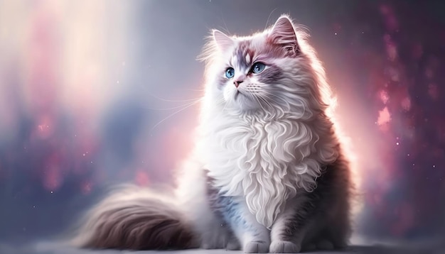 Ragamuffin Cat Medium Shot White Pink Blue Magical Fantasy Bokeh Generative AI