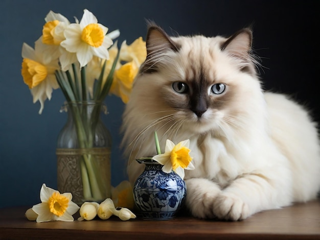 Ragdoll cat breed and a vase of narcissus Ragdoll cat breed and a vase of narcissus on a wooden back