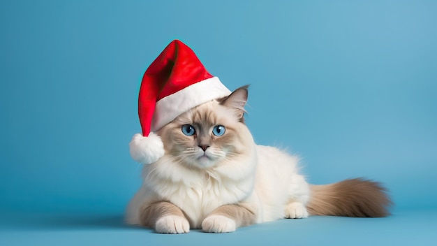 Photo ragdoll cat in santa hat against blue background perfect for festive holiday themes and cards