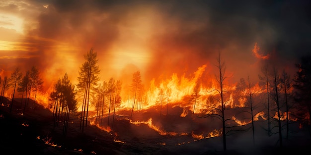 raging wildfire consuming a vast expanse of pristine forest with flames reaching high into the sky