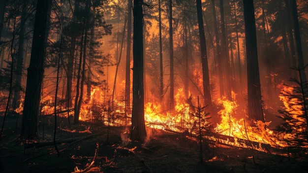 A raging wildfire spreading through dense forest showcasing the destructive power and ecological impact of forest fires