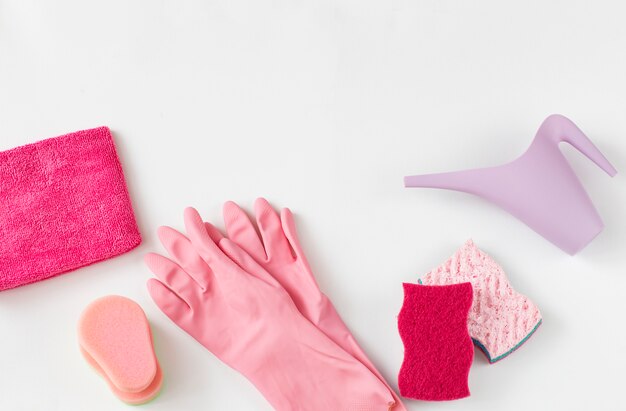 rags, sponges, disposable gloves and a watering can