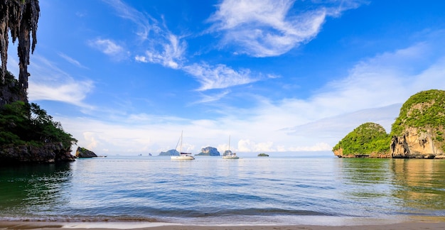 Rai Lay beach and yacht floating in sea at Krabi province south of Thailand