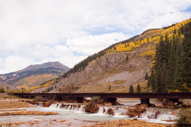 Railroad bridge. This train is in daily operation on the narrow gauge railroad between Durango and Silverton Colorado