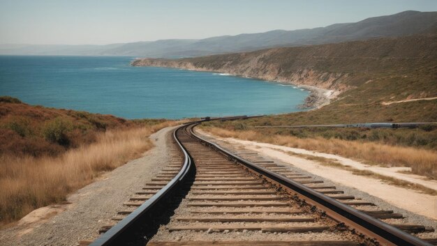 Photo railroad by the sea vanishing tracks