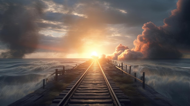 A railroad track in the sky with the sun setting behind it