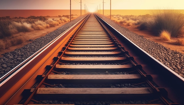 A railroad track with a sunset in the background